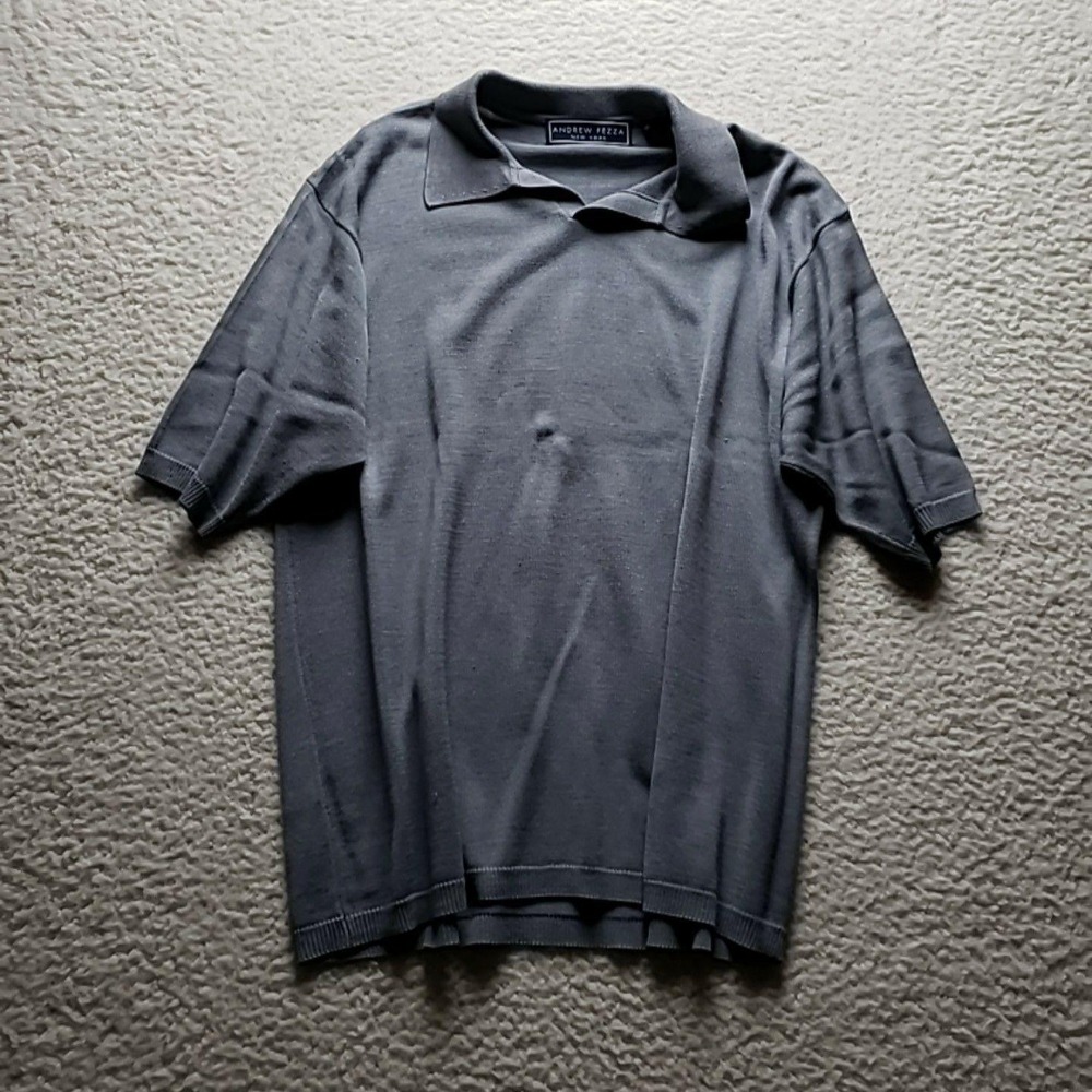 Andrew Fezza Polo Shirt Mens M Gray Solid 100% Silk Knit Lightweight Top